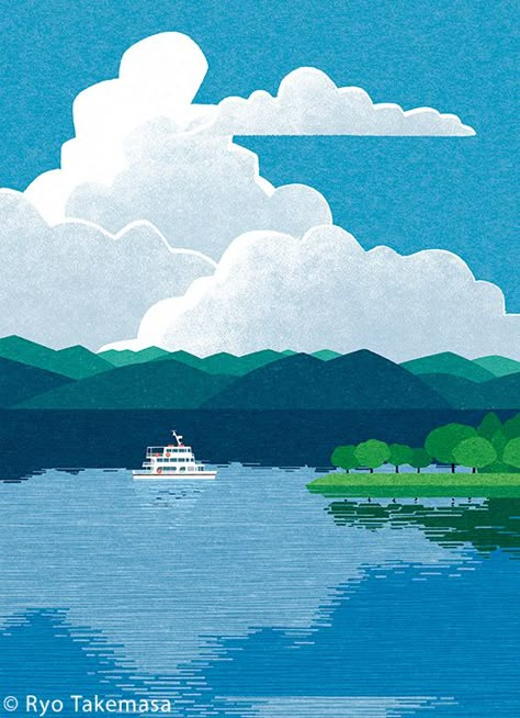 Ryo Takemasa on Behance Ryo Takemasa, Gig Poster, Summer Lake, Lake Art, Cloudy Sky, Landscape Illustration, 그림 그리기, New Yorker, Graphic Design Illustration