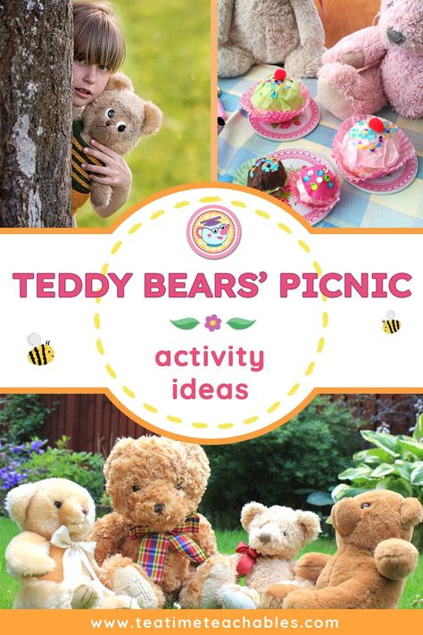 Are you looking for some great ideas to host a great teddy bear's picnic for preschoolers, even if you're unable to go outdoors? Look no further! I've got a whole bunch of teacher-tested games, activities, crafts, and resources that are guaranteed to make your picnic super-fun for little ones, whatever the weather! Click the pin to read more. Teddy Bear Crafts For Preschoolers, Teddy Bear Toddler Activities, Teddy Bear Tea Party Preschool, Teddy Bear Party Games, Teddy Bear Picnic Games, Teddy Bear Crafts Preschool, Teddy Bear Activities For Preschool, Picnic Activity Ideas, Teddy Bear Picnic Preschool