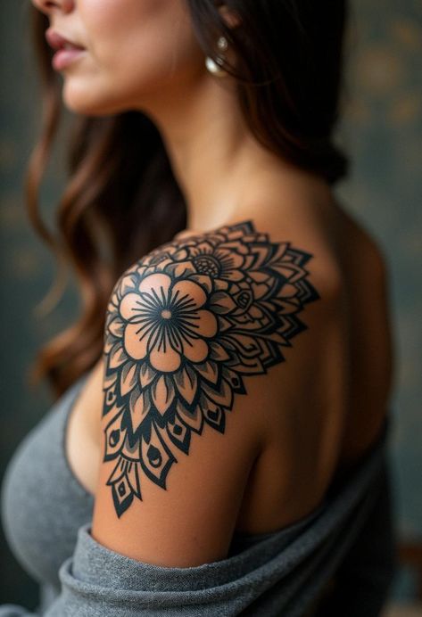 shoulder tattoo for women Upper Half Sleeve Tattoo For Women, Shoulder Tattoos Women, Mandala Shoulder Tattoo, Upper Half Sleeve Tattoos, Shoulder Tattoo Ideas, Fierce Tattoo, Flowers Mandala, Tattoos For Women Half Sleeve, Elbow Tattoos