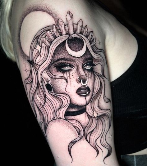 Goth Goddess Tattoo, Demon Goddess Tattoo, Space Goddess Tattoo, Gothic Lady Tattoo, Nyx Tattoo Goddesses, Nyx Goddess Tattoo, Witchy Tattoo Ideas Goddesses, Dark Goddess Tattoo, Selene Tattoo