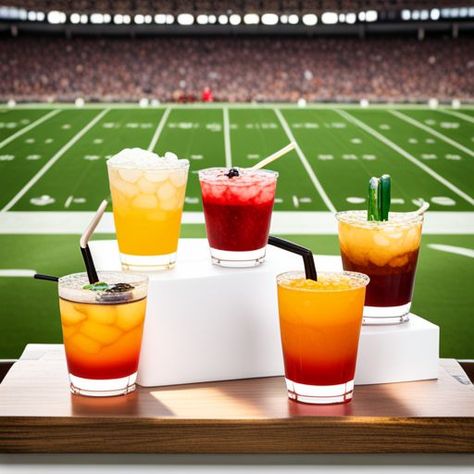 A display of 5 cocktails with a football field as the background. Tailgate Cocktails, Football Cocktails, Tailgate Drinks, Football Drink, College Football Tailgate, Franks Red Hot, College Football Season, College Football Games, Football Tailgate