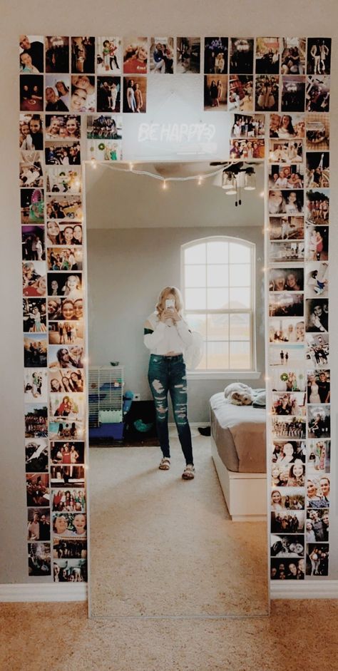 Creative Way To Display Photos, Mirror With Pictures Around It Bedroom, Simply Room Decor Ideas, Photo Wall Around Mirror, Pictures Around A Mirror, Mirror Wall With Pictures, Bedroom Photo Collage Ideas, Photo Wall Mirror, College Apartment Photo Wall