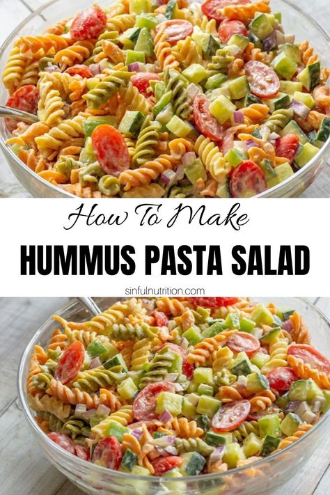 Cold Pasta Salad Healthy, Salads With Hummus, Pasta Salad Recipes Veggie, Salad With Hummus Dressing, Vegetarian Pasta Salad Cold, Vegan Gluten Free Pasta Salad, Easy Vegan Pasta Salad, Hummus Pasta Salad, Gf Df Pasta Salad