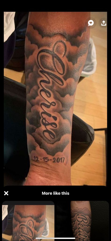 Cloud Arm Tattoo Half Sleeves, Clouds Around Arm Tattoo, Memorial Cloud Tattoos, Tattoos Of Clouds, Cloud Tattoo Cover Up, Bold Name Tattoos, Cloud Forearm Tattoo Men, Forearm Cloud Tattoo For Men, Sleeve Tattoos Clouds