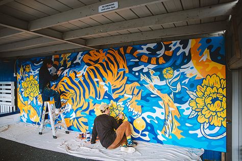 Tiger Mural, Painting Street Art, Tiger Beer, Illustration Story, School Murals, Art Furniture Design, Beer Design, Murals Street Art, Illustration Painting