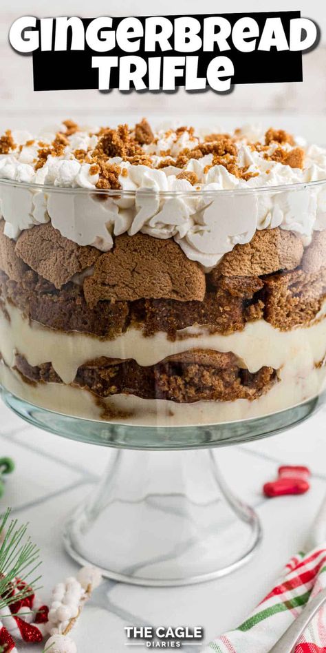 Deliciously sweet and full of fall spices, this gingerbread trifle is the perfect, and most easiest, eye-catching dessert for the holidays. Thanksgiving Trifles, Thanksgiving Trifle Desserts, Fall Trifle, Thanksgiving Trifle, Pumpkin Spice Pudding, Christmas Trifle Recipes, Gingerbread Trifle, White Chocolate Pudding, Trifle Recipes Easy