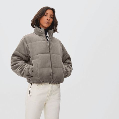 https://www.everlane.com/products/womens-corduroy-puffer-clay?collection=womens-outerwear Corduroy Puffer Jacket Outfit, Rich Girl Fashion, Corduroy Puffer Jacket, Corduroy Puffer, Puffer Jacket Outfit, Grey Puffer, Jacket Outfit, Cold Weather Outfits, Chunky Knits Sweater