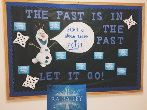 New Years Ra Bulletin Board, New Year Ra Bulletin Board, Christmas Themed Bulletin Boards, Winter Ra Boards, January Ra Bulletin Boards, Winter Bulletin Board Ideas For School, Olaf Bulletin Board, Frozen Bulletin Board, Bulletin Board Christmas