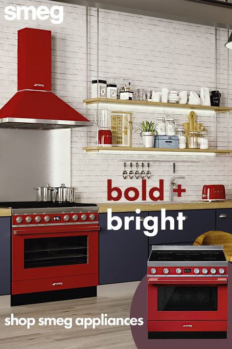 A metropolitan kitchen fitted with bright red Smeg appliances, balanced out with a white tile and dark cabinets Interior Colour Palette, Kitchen Smeg, Red Kitchen Appliances, Smeg Range, Neutral Whites, Colourful Kitchens, Smeg Appliances, Bold Kitchen, Extractor Hood