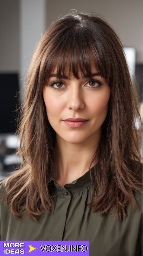 23 Mid Length Hair with Bangs: Top Styles and Tips Fringe Mid Length Hair, Brunette Mid Length Hair With Fringe, Thick Hair With Fringe, Mid Haircut With Bangs, Mid Length Hair With Fringe, Mid Length Hair With Layers And Bangs, Midlength Haircuts With Bangs, Bangs Mid Length Hair, Brown Hair With Fringe