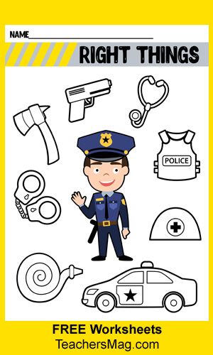 Community Helpers Preschool Worksheets: Police Officer. Have students circle the right things that go with a police officer and put a big, “X,” over the things that do not. Community Helpers Police Officer, Community Helpers Police, Community Helpers Kindergarten, Community Helpers Crafts, Community Helpers Activities, Community Helpers Preschool Activities, Community Helpers Worksheets, Police Activities, Community Helpers Theme