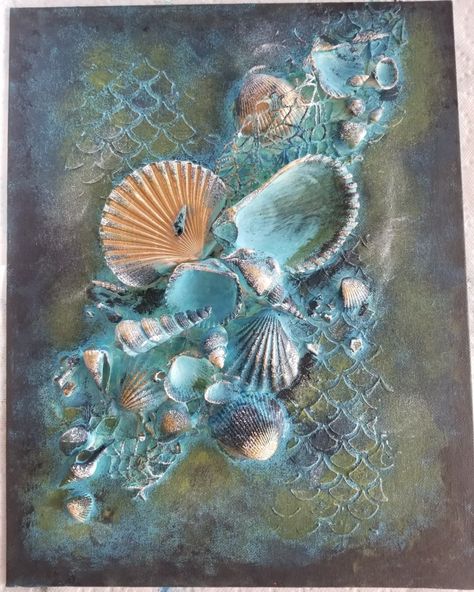 Molding Paste Art Ideas, Seashells On Canvas, Molding Paste Art, Shells On Canvas Seashell Art, Seashell Canvas, Shell Canvas Art Seashells, Abstract Seashell Painting, Monochromatic Painting, Shell Artwork