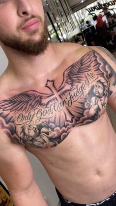 Rip Mom Tattoo For Men Chest, Follow God Tattoo, Cheat Pieces For Men Tattoo, Leg Lettering Tattoo Men, Mens Center Chest Tattoo, Chest God Tattoo, Whole Chest Tattoo For Men, One Side Chest Tattoo Men Ideas Unique, God Chest Tattoo Men