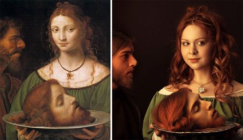 Luini, Bernardino's work reimaged  Salomé avec la tête de saint Jean-Baptiste. Recreating Famous Artworks, Art Masterpieces Famous Artwork, Rembrandt Paintings, Famous Artworks, Artist Humor, René Magritte, Photo Recreation, Amedeo Modigliani, Art Parody