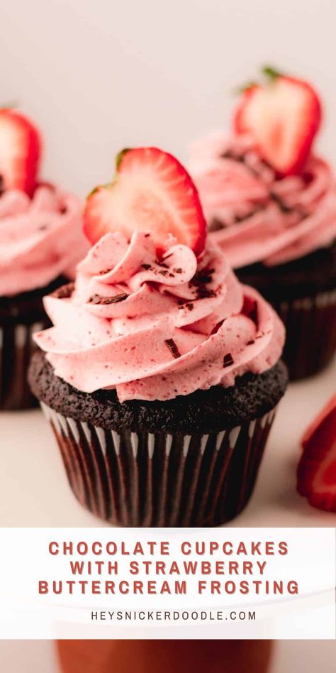 These chocolate cupcakes with strawberry buttercream frosting are moist, fluffy and perfect for so many occasisions. The buttercream frosting is made with freeze dried strawberries that add the perfect pink color and the best strawberry flavor. Chocolate Strawberry Cupcakes, Strawberry Buttercream Frosting, Best Chocolate Cupcakes, Strawberry Icing, Chocolate Chip Cupcakes, Chocolate Cupcakes Moist, Canned Frosting, Strawberry Frosting, Strawberry Buttercream