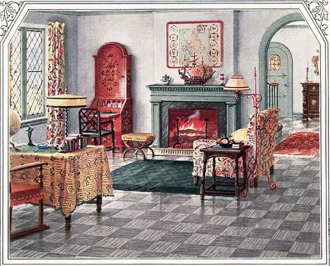 dig this crazy color scheme in a 1920s house 1920s House Interior, 1920s House Interior Design, 1920s Living Room, 1920s Furniture, 1920s Home Decor, 1920s Interior, 1920s Home, Sala Vintage, 1920s Decor