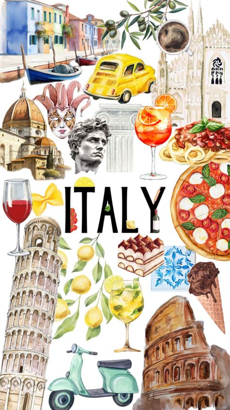 Italy. Italia. Pasta. Pizza. Tiramisu. Aperol spritz. Wine. Limoncello. Rome. Venice. Roma. Venecia. Pisa. Milan. Vespa. Italy Collage, Italy Sketches, Italy Illustration, Italy Culture, Pasta Art, Scrapbook Images, Creative Area, Art Zine, Pasta Pizza