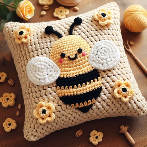 Bumble Bee Crochet Blanket, Crochet Bee Granny Square, Crochet Bee Applique, Crochet Tablet Cover, Bee Applique, Mario Crochet, Bee Pillow, Amigurumi Bee, Crochet Cushion Pattern