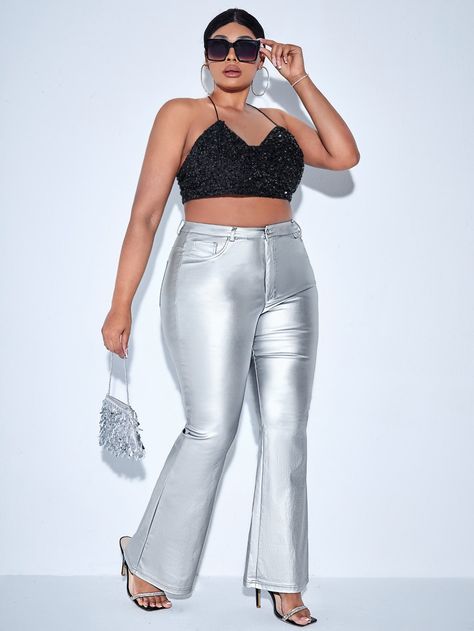 Silver  Collar  Denim Plain Flare Leg Embellished High Stretch Spring/Fall Women Plus Clothing Silver Pants Outfit, Cutout Pants, Flare Leg Pants Outfit, Colorblock Pants, Silver Pants, Velvet Flare Pants, Printed Flare Pants, Shein Pants, High Waisted Flares