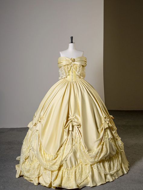 1864 Dresses, Princess Dress Yellow, Yellow Princess Dress, Yellow Ballgown, Yellow Ball Gown, Gown Aesthetic, Victorian Ball Gowns, Belle Gown, Gaun Abad Pertengahan