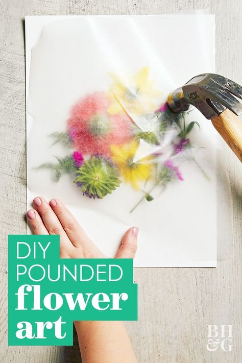 This easy pounding technique makes it so easy to transfer bright flower blooms onto watercolor paper. We love this technique to create custom art decor. Learn how to make this easy pounded flower art. #poundedflowerart #preserveflowers #flowercrafts #diy #craftideas #bhg Pounded Flowers, Flower Pounding, Hammered Flowers, Craft Ideas For Beginners, Flower Petal Art, Pressed Flower Crafts, Paper Craft Ideas, Paper Crafts Card, Pressed Flower Art