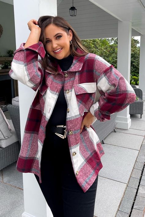 JAC JOSSA WINE CHECK OVERSIZED SHACKET Button Up Shirts Women, Shacket Outfit Women, Jacqueline Jossa, Jac Jossa, Shacket Outfit, Oversized Shacket, Figure Flattering Dresses, Petite Shorts, Shirts Women