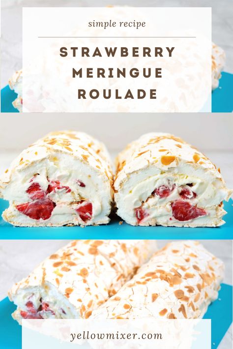 Easy and fast strawberry meringue roll recipe Meringue Roll Recipe, Merengue Desserts, Meringue Roll Cake, Merengue Roll Cake, Strawberry Roulade, Rolled Pavlova Recipe, Pavlova Roll Recipes, Strawberry Roulade Recipe, Meringue Cake Roll