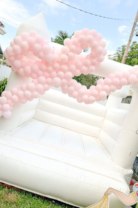 Feast your eyes on this magical princess-themed birthday party! The bouncy castle looks like so much fun! See more party ideas and share yours at CatchMyParty.com Pink Princess Decorations, Birthday Party Themes Preppy, Birthday Party Ideas 11, Coquette Birthday Decorations, Aesthetic Princess Birthday Party, Coquette Bday Theme, Princess Party Ideas Decorations, Princess 1st Birthday Party Ideas, Bows Birthday Party Ideas