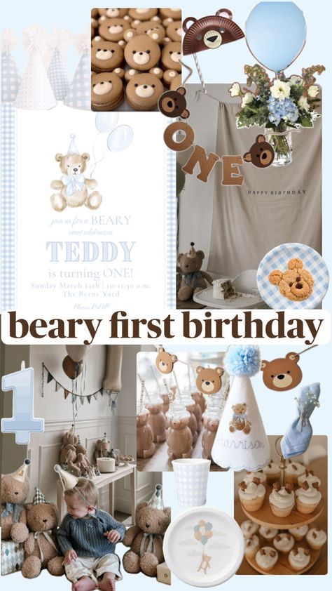 A mood board for a teddy bear themed first birthday party. The colors are brown, white and blue. There are bear themed foods, like cookies and treats. Blue balloons, and blue gingham plates, cups and party hats. Bear Themed First Birthday, Birthday Mood Board, Teddy Bear Birthday Theme, Beary First Birthday, Baby First Birthday Themes, First Birthday Balloons, Teddy Bear Party, Themed First Birthday, Baby Boy 1st Birthday Party