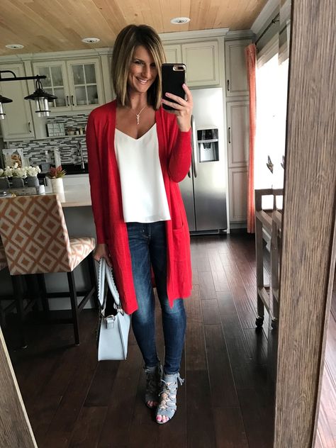 Shop the look from Living in Yellow on ShopStyle Long Red Cardigan, Cardigan Fall Outfit, Mode Ab 50, Outfits For Work, Fall Transition Outfits, Clothing Blogs, Look Rock, Transition Outfits, Red Cardigan