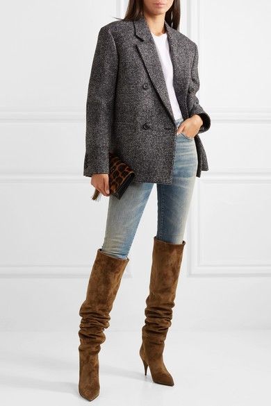 Blazer White Shirt, Long Brown Boots, Saint Laurent Jeans, Winter Boots Outfits, Modest Casual Outfits, Blazer White, Stylish Winter Outfits, Slouchy Style, Jeans Long