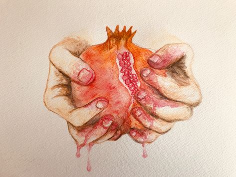 Pomegranate Persephone Pomegranate Art, Hands Holding Pomegranate, Pomegranate Symbolism, Pomegranate Sketch, Pomegranate How To Eat, Pomegranate Drawing, Persephone Tattoo, Persephone Pomegranate, Pomegranate Tattoo