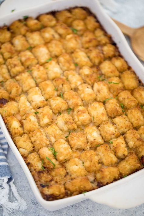 Tater Tot Casserole is a classic dish made with the favorite potato bites that you can bring to potlucks and make everyone go for another serving! #tatertots #casserole #potatoes #dinnerideas #beefrecipes #sweetandsavorymeals Tatertots Casserole, Casserole Potatoes, Tot Recipes, Best Tater Tot Casserole, Easy Tater Tot Casserole, Easy Tater Tots, Chicken Tater Tot Casserole, Cowboy Casserole, Tater Tot Casserole Recipes