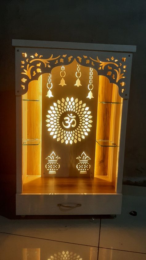 Pooja Mandiram Designs, Devghar Mandir, Puja Room Background Design, Devudi Room Designs, Devudi Mandiram Designs, Wood Temple Design, Wood Mandir Design, Latest Mandir Design For Home, Mandir Back Wall Design