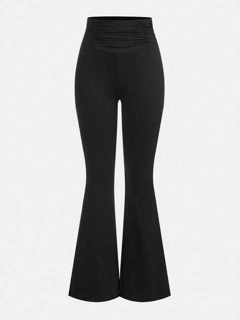 Negro Casual Collar  Tela tejida Liso Pierna amplia Embellished Estiramiento medio Black Pants Leggings, Dream Clothes Pants, Cheap Y2k Black Bottoms, Black Leggings Flare, Cute Shein Pants, Trendy Black Bottoms From H&m, Flare Black Leggings, Cheap Black H&m Bottoms, Shein Flare Pants