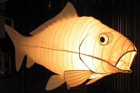 By Peter Hilary. Would like to do something like this for the whale puppet Willow Lanterns, Diy Paper Lanterns, Lanterns Paper, Tissue Paper Lanterns, Fish Lanterns, Fish Lamp, Paper Fish, Lantern Ideas, Cardboard Sculpture