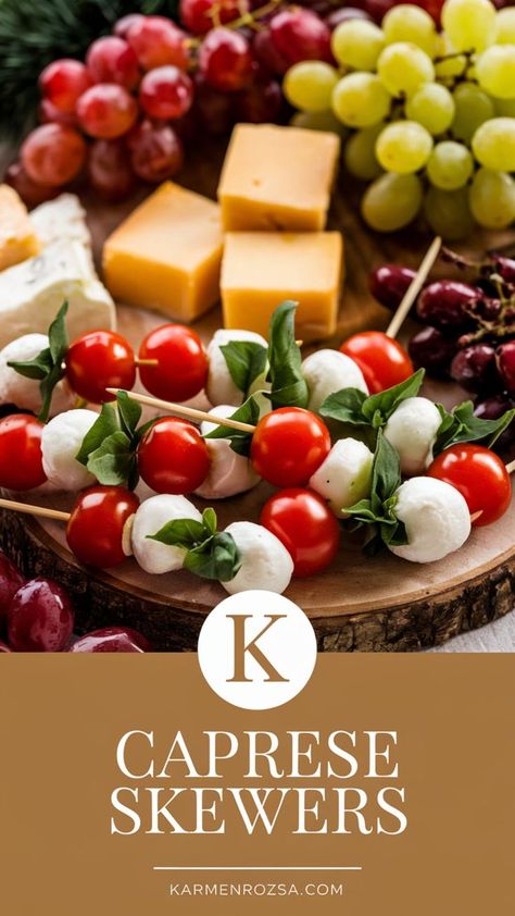 Appetizers for Christmas-Caprese Skewers on your charcuterie board. Mini Caprese Skewers are the perfect appetizer for your holiday party. These Christmas finger foods are fresh, festive, and pair beautifully with a charcuterie board. Simple, elegant, and guaranteed to impress your guests. Mini Caprese Skewers, Charcuterie Skewers Party Appetizers, Savoury Christmas Snacks, Charcuterie Board Mini, Christmas Caprese, Small Charcuterie Board Ideas, Finger Foods Christmas, Charcuterie Board Simple, Breakfast Charcuterie Boards