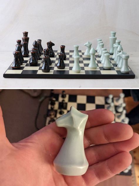 I Got A Unique Chess Set For My Birthday. Designed And Made By A Potter Friend. I Think They Are Stunning Custom Chess Pieces Clay, Art Deco Chess Set, Diy Chess Set Polymer Clay, Ceramic Chess Pieces, Chess Minimalist, Pottery Chess Set, Unique Chess Sets, Clay Chess Pieces, Clay Chess Set