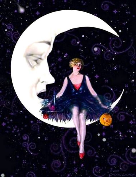 Art Deco Woman Sitting on Crescent Moon Holding Jack O Lantern France Tattoo, Moon Madness, Vintage Celestial, Starry Night Art, Moon Cut, Decoupage Glass, Moon Setting, Surreal Photos, Vintage Moon