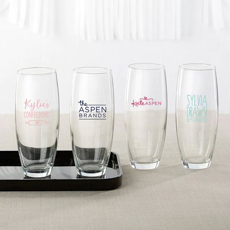 Commemorate a special occasion, such as a wedding or a grand opening of your business, with sophisticated glassware for your refreshment table. These Personalized 9 oz. Stemless Champagne Glasses from Kate Aspen are stylish and sophisticated for an annual event or a promotional party. The stemless style is great to gift your party guests and give your potential customers fond memories of the day to enhance your business. Refreshment Table, Corporate Gala, Custom Champagne Glasses, Personalized Champagne Glasses, Flute Glasses, Champagne Flute Glasses, Brand Studio, Personalized Favors, Festive Design