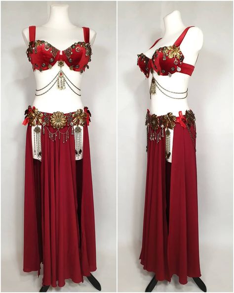 Belly Dance Costumes Goddesses, Arabian Belly Dancer Outfits, Belly Dancer Dress, Arabian Dance Costume, Belly Dance Clothes, Gold Belly Dance Outfit, Red Belly Dance Outfit, Fantasy Dress Design, Belly Dancer Outfits Red