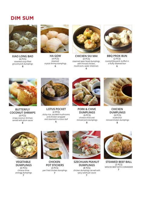 Menu2 — Chi Dim Sum Types Of Dumplings, Dim Sum Dumplings, Chinese Chives, Shrimp Dumplings, Pork Dumpling, Plum Sauce, Steamed Buns, Sauteed Mushrooms, Sticky Rice