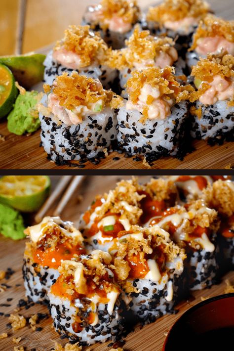 Sushi Dynamite Roll, Sushi Recipes Shrimp Tempura, Dynamite Sushi Roll Recipe, Tempura Sushi Rolls Recipe, Beef Sushi Roll, Homemade Sushi Rolls Recipes, Dynamite Roll Sushi, How To Roll Sushi, Dynamite Sauce