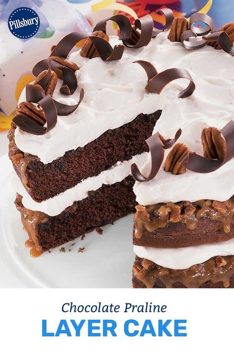 Created by a university professor of music, this easy-to-prepare Chocolate Praline Layer Cake is spectacular to serve and marvelous to eat! It's best if made a few hours ahead and refrigerated before serving. Chocolate Praline Cake, Praline Cake, Praline Chocolate, Chocolate Deserts, Pillsbury Recipes, Delicious Sweets, Birthday Cake Chocolate, Best Chocolate Cake, University Professor