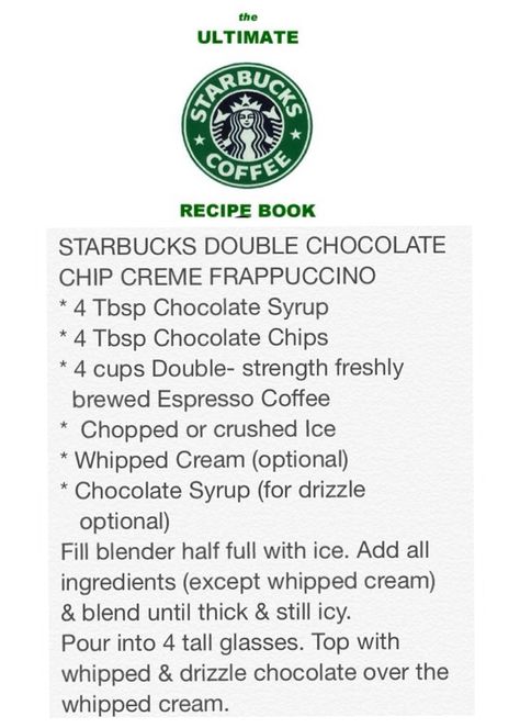 STARBUCKS DOUBLE CHOCOLATE CHIP CREME FRAPPUCCINO Double Chocolate Chip Frappe Starbucks, Starbucks Frappe Recipe, Frappe Drinks, Chocolate Chip Frappe, Frappe Recipe, Coffee Creamer Recipe, Ninja Coffee, Belgium Chocolate, Chocolate Creme