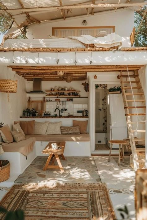 Modern Tiny Cabin Interior, Earthy Tiny House, Inside Cottage Homes, Boho Tiny House Interiors, Boho Tiny House, 500 Dollars, Tiny House Village, House Village, Tiny House Loft