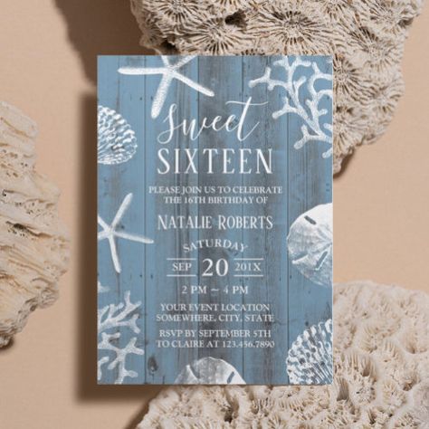 Sweet 16 Party Elegant Dusty Blue Beach Starfish Invitation #zazzle #weddinginvitations #birthdayinvitations #babyshowerinvitations #zazzleinvitations #monogram #businesscards #graduation #homedecor Burgundy Sweet 16, Beach Sweet 16, Tropical Sweet 16, Sweet 16 Party Themes, Teal Beach, Sweet 16 Themes, Sweet 16 Decorations, Sweet 16 Party, Beach Birthday Party