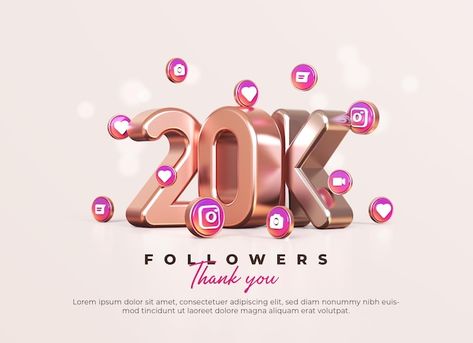 Rose gold and silver 3d 20k followers th... | Premium Psd #Freepik #psd #background #banner #gold #abstract 20k Followers Instagram Background, 20k Followers Instagram, 20 K Followers, New Instagram Logo, Instagram Graphic Design, Cover Design Inspiration, Followers Instagram, Black And White Instagram, Instagram Highlight Cover