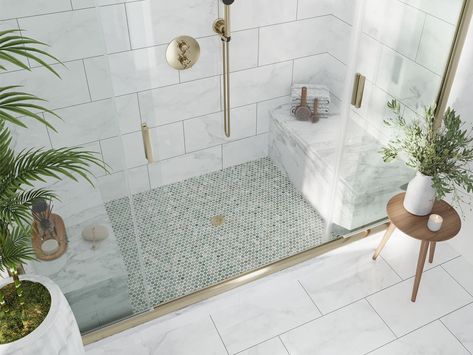 WATERFORD Mint Green Mosaic Tile Code: IRD-P23Product Name: WATERFORDMaterial: Mint GreenColor: White, Gray, GreenSold by: sheetSheet size: 11.2x12.4"Thickness: 8Sheet Coverage (sq.ft): 0.96 PLEASE ALLOW 2-4 DAYS FOR SHIPMENT Mint And Gold Bathroom, Spa Like Shower Tile, Sage Green Mosaic Tile, Light Green Master Bath, Stunning Walk In Showers, Shower With Green Tile, Bathroom Colored Tiles, Sage Green Tile Shower Ideas, Green Shower Floor Tile