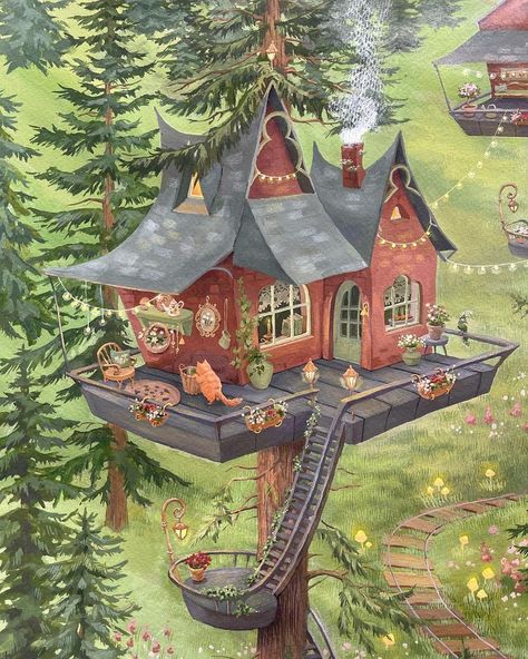 Tree House Illustration, Fairy House Drawing, Houses Traditional, Upbeat Music, Houses Art, Fairy Tree Houses, Doing Chores, Fairy Tree, Green Hills